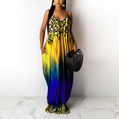 Gradient Color Leopard Pattern Sleeveless Maxi Dress