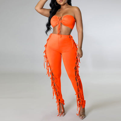 Solid Tube Top & Hollow Out Bandage Pants Set