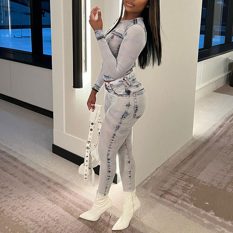 Print Long Sleeve Mesh 2PCS Pants Set