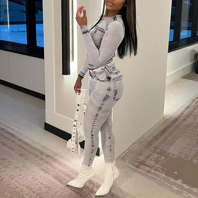 Print Long Sleeve Mesh 2PCS Pants Set