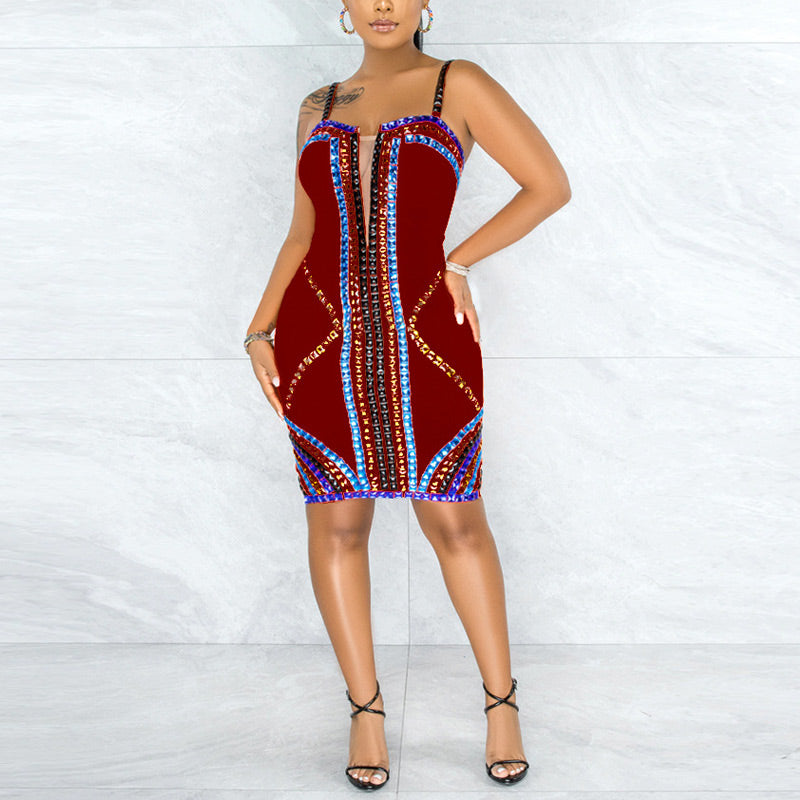 Sequins Rhinestone Patchwork Off Shoulder Sleeveless Dress