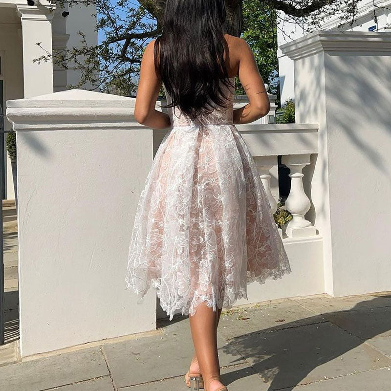 Solid Bandeau Floral Pattern Lace Big Swing Dress