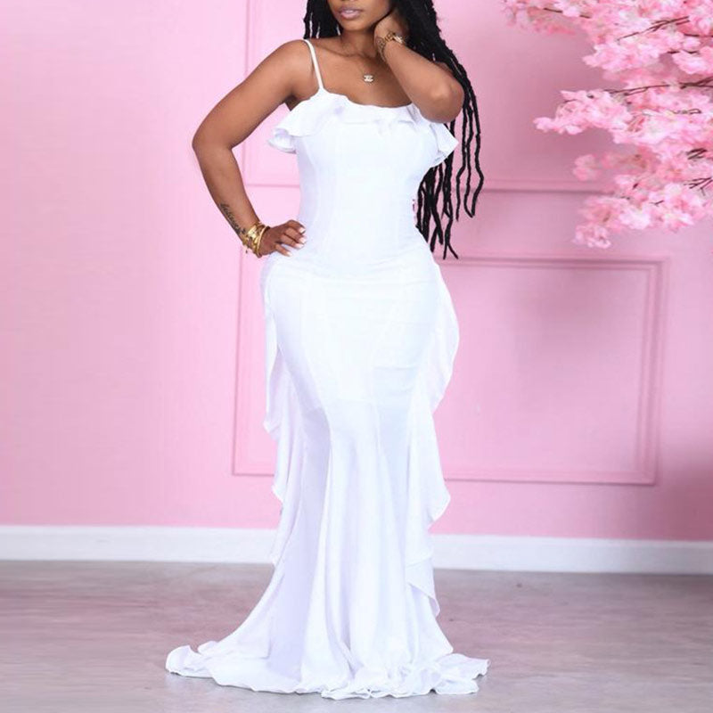 Solid Sleeveless Ruffle Design Maxi Dress