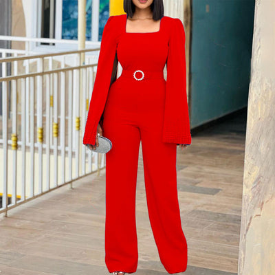 Beaded Square Neck Slit Sleeve Wide Leg Jumpsuit With Belt