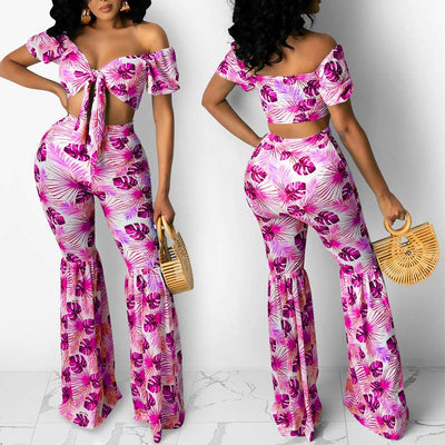 Leaf Pattern Off Shoulder Crop Top & Bell Bottomed Pants Set