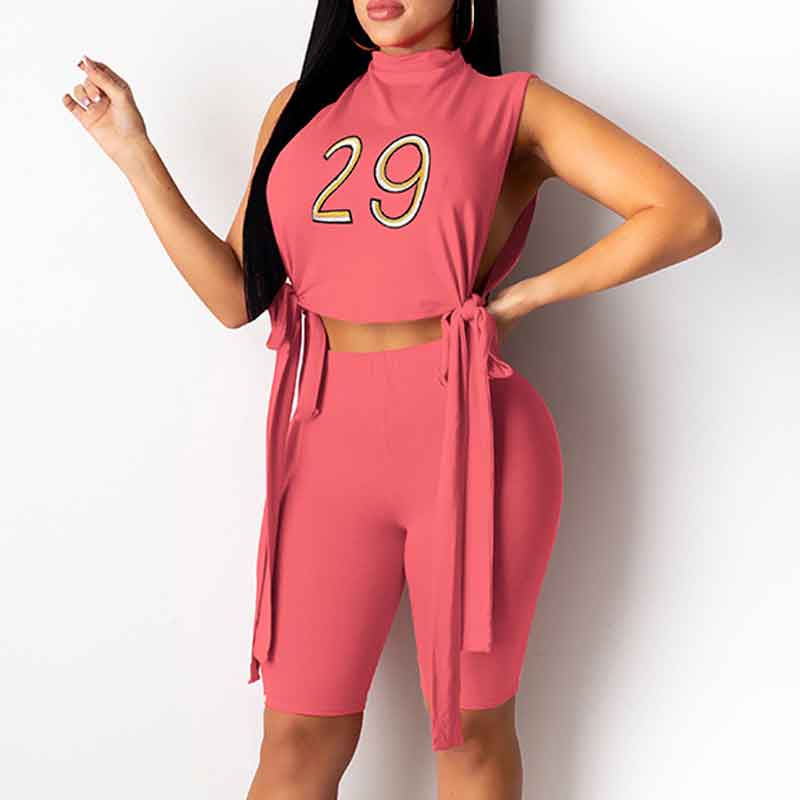 Letter Print Sleeveless Slit Crop Top & Shorts Set