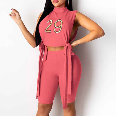 Letter Print Sleeveless Slit Crop Top & Shorts Set