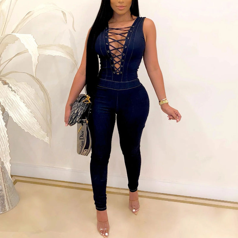 Denim V-Neck LaceUp Eyelet Sleeveless Jumpsuit