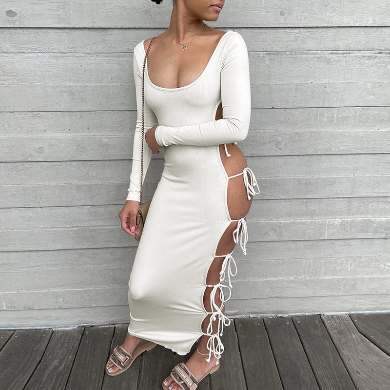 Solid U Neck Long Sleeve Hollow Out Maxi Dress