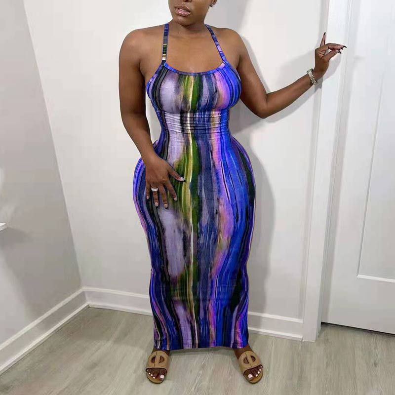 Tie Dye Print Backless Maxi Dress