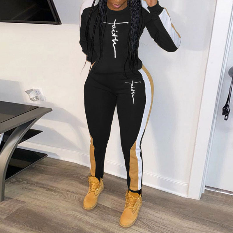 Colorblock Letter Print 2PCS Pants Set