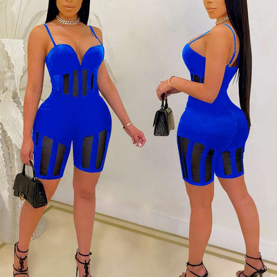 Solid Sleeveless Spaghetti Strap Sheer Mesh Romper