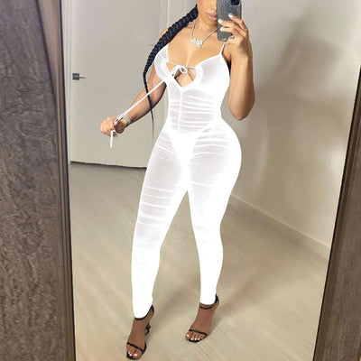 Solid Sleeveless Spaghetti Strap Sheer Mesh Jumpsuit