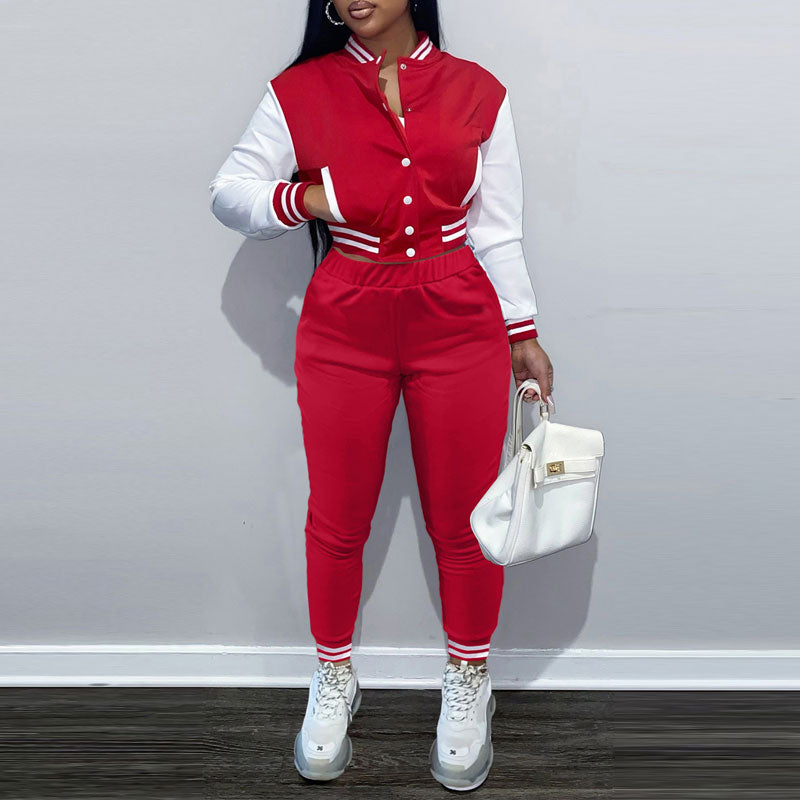 Colorblock Long Sleeve Button Detailed Baseball Coat & Pants Set