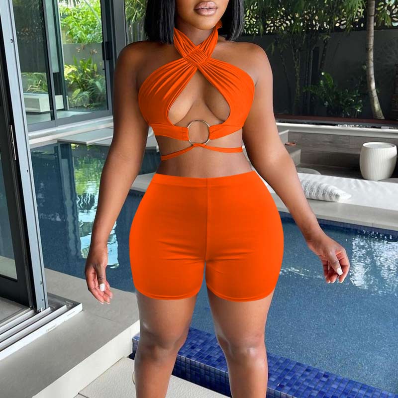 Solid Halter O Ring Cut Out Two Piece Shorts Set