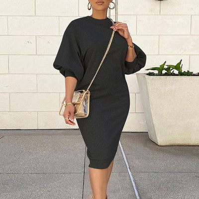 Solid Round Neck Lantern Sleeve Casual Dress