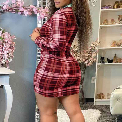 Plaid Pattern Long Sleeve Drawstring Shirt Dress
