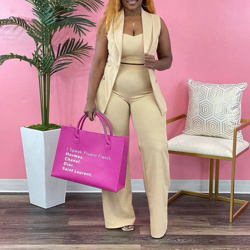 Solid Button Detailed 3PCS Wide Leg Pants Set