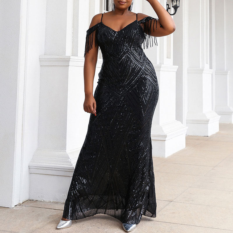 Sequins Sleeveless Tassel Design Floor-Length Evening Dress