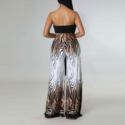 Solid Tied Bandeau Top & Print Wide Leg Pants Set