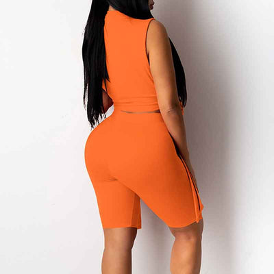 Letter Print Sleeveless Slit Crop Top & Shorts Set