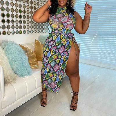 Print Sleeveless Sheer Mesh High Slit Midi Dress