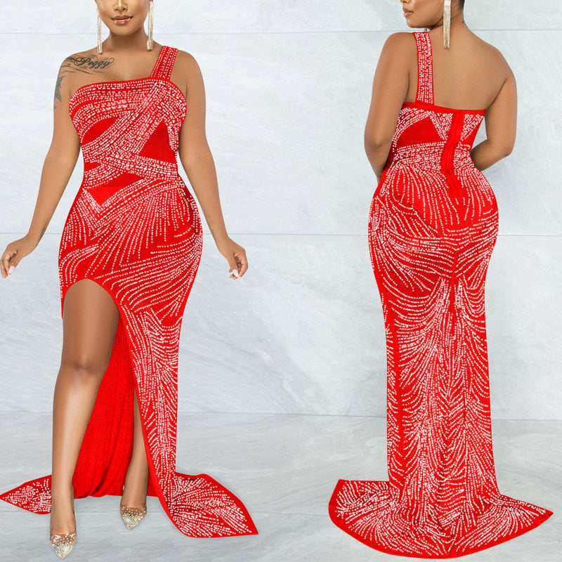 Rhinestone One  Shoulder Sleeveless High Slit Maxi Dress