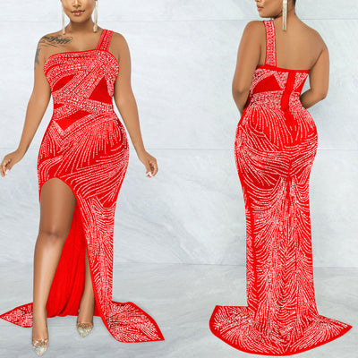 Rhinestone One  Shoulder Sleeveless High Slit Maxi Dress