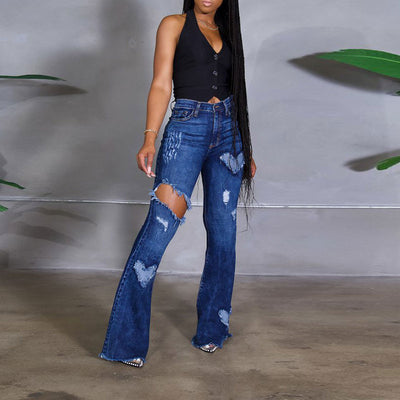 Heart Pattern Cut Out Wide Leg Denim Pants