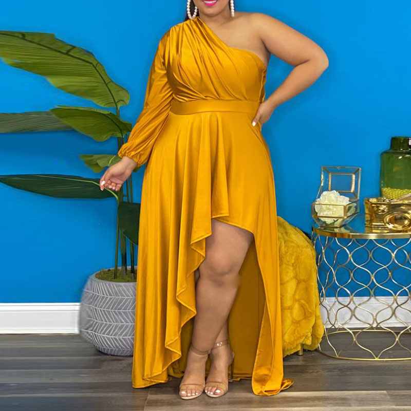 Solid One Shoulder Long Sleeve Irregular Plus Size Dress