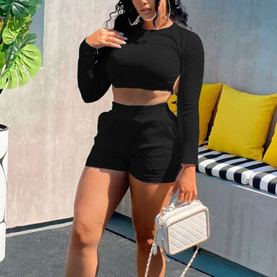 Solid Long Sleeve Backless Bangdage Two Piece Shorts Set