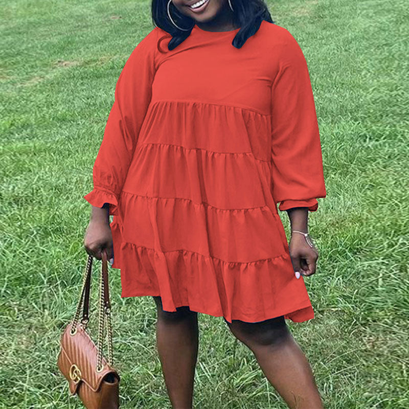Solid Round Neck Long Sleeve Plus Size Casual Dress