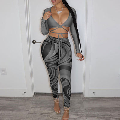 Solid Long Sleeve Bandage Top & Print Pants Set