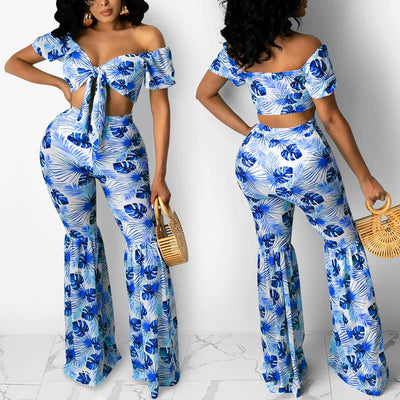 Leaf Pattern Off Shoulder Crop Top & Bell Bottomed Pants Set