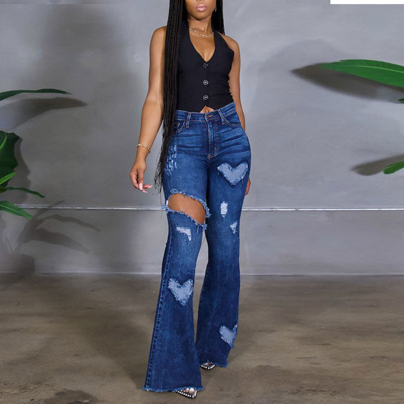 Heart Pattern Cut Out Wide Leg Denim Pants