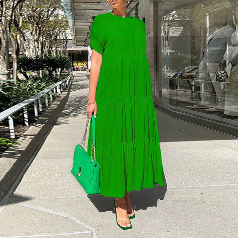 Solid Short Sleeve Pleated Maxi Shirt Dress