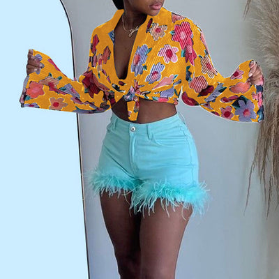 Floral Print Flard Sleeve 2PCS Blouse Set