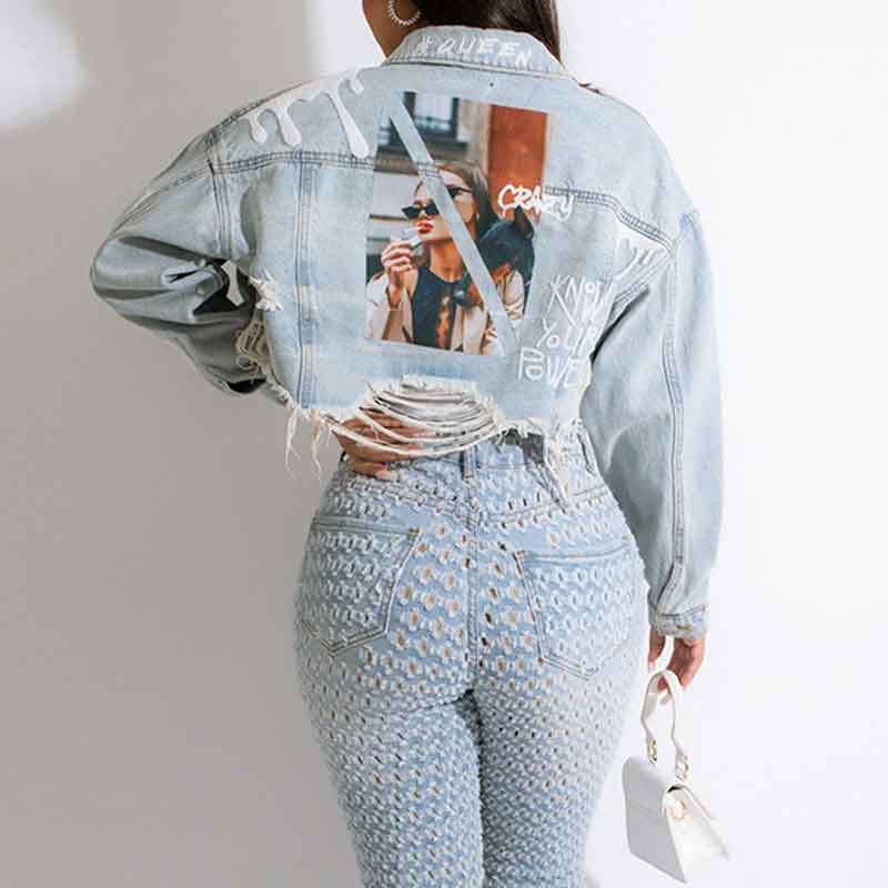Letter Figure Print Long Sleeve Cut Out Denim Coat