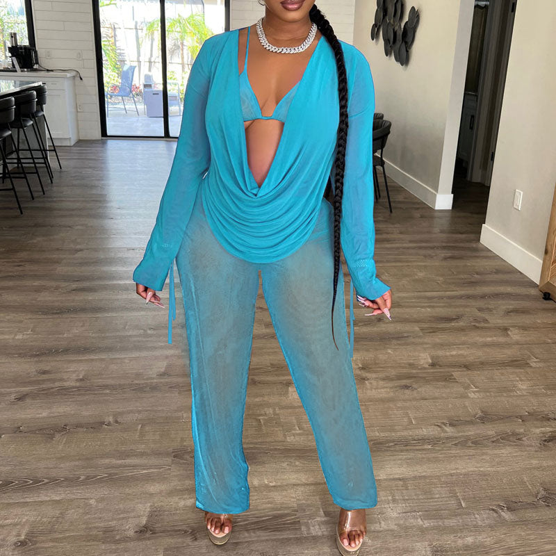 Solid Cowl Neck Mesh 3PCS Pants Set
