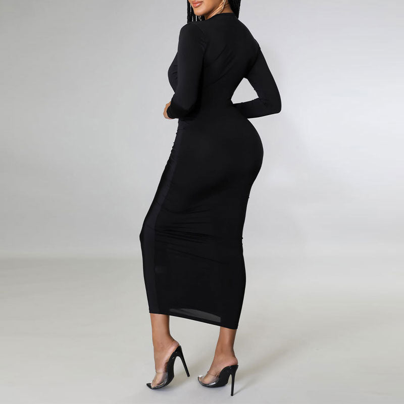 Solid Deep V-Neck Long Sleeve Ruched Midi Dress