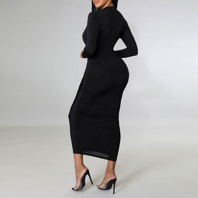 Solid Deep V-Neck Long Sleeve Ruched Midi Dress