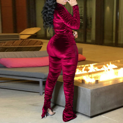 Solid Velvet Pleats Zipper Design Long Sleeve Top & Pants Set