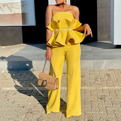 Solid Bandeau Ruffle Design Top & Wide Leg Pants Set