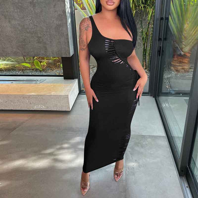 Solid One Shoulder Sleeveless Cut Out Maxi Dress