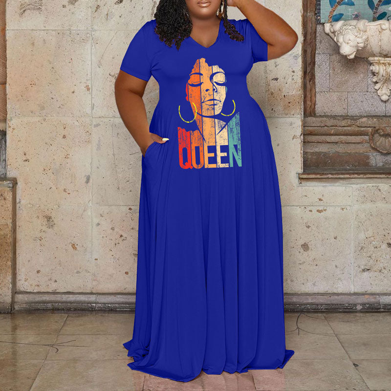Letter Print Short Sleeve Loose Maxi Dress