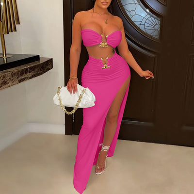 Solid Metal Ring Tube Top & High Slit Skirt Set