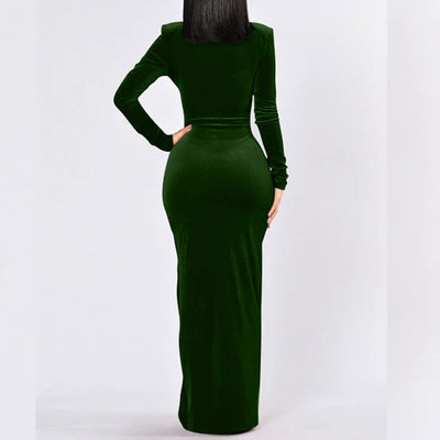 Solid Deep V-Neck Long Sleeve High Slit Maxi Dress