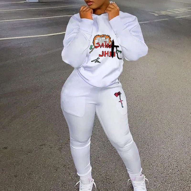Print Turtleneck Long Sleeve Zipper Design Top & Pants Set