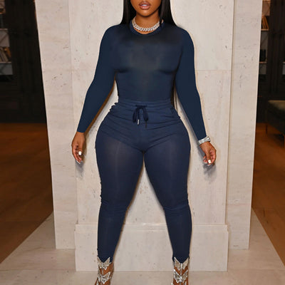 Solid Long Sleeve Top & Pocket Design Pants Set