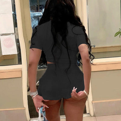 Solid Short Sleeve Tied Blouse & Slit Shorts Set